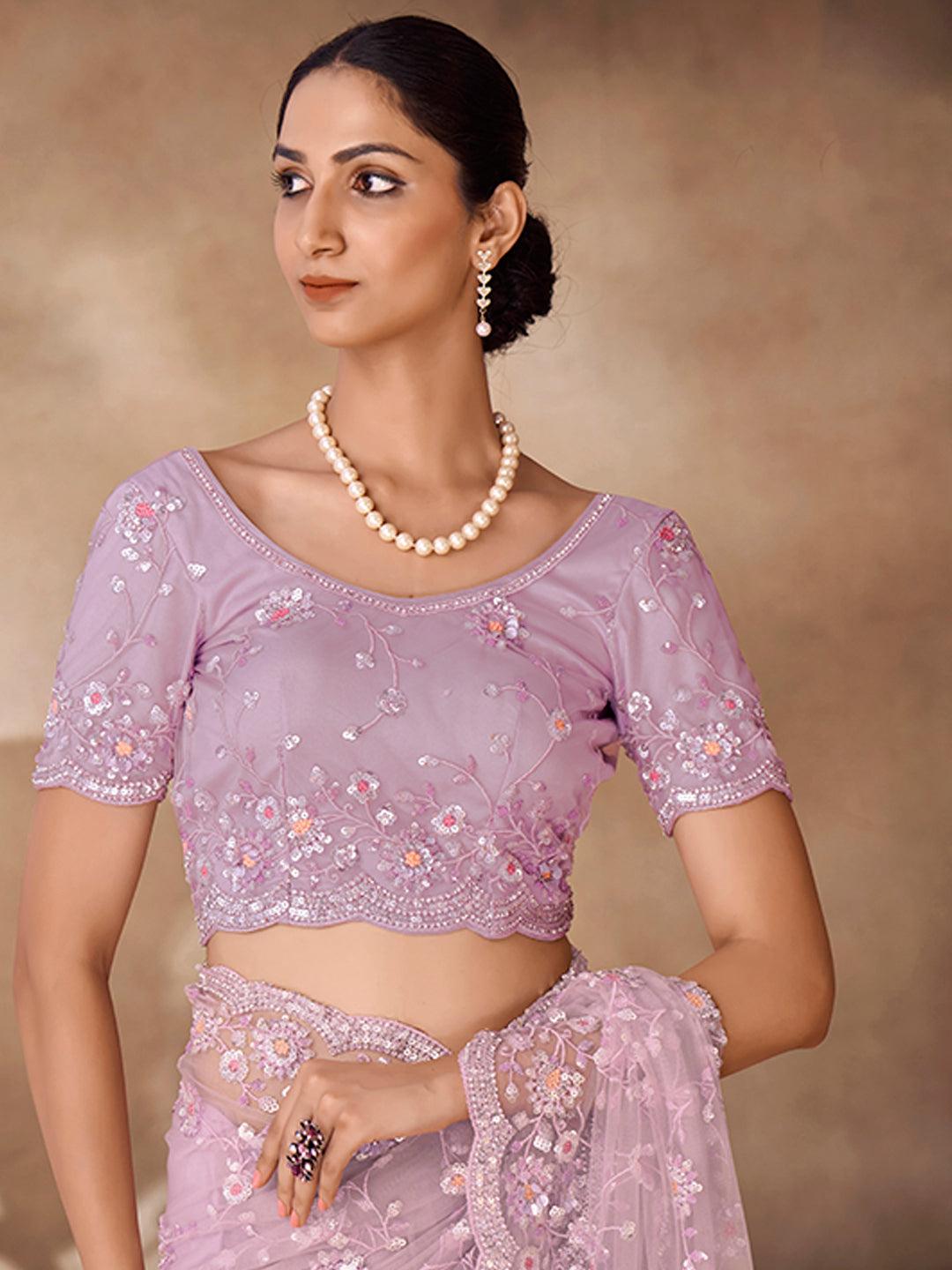 Net base Lilac color with zarkan and thread work saree Collections Cheap Online