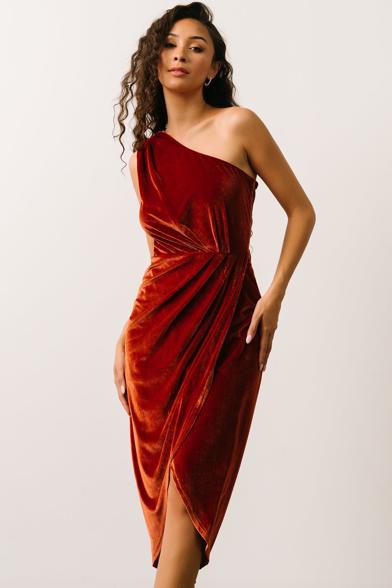 Kourtney Velvet One Shoulder Midi Dress | Rust Discount Visit New