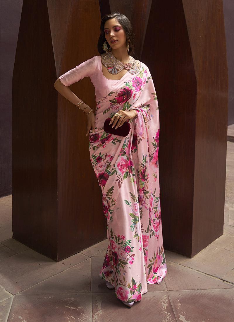 Baby Pink Satin Crepe Floral Saree 2025 New For Sale