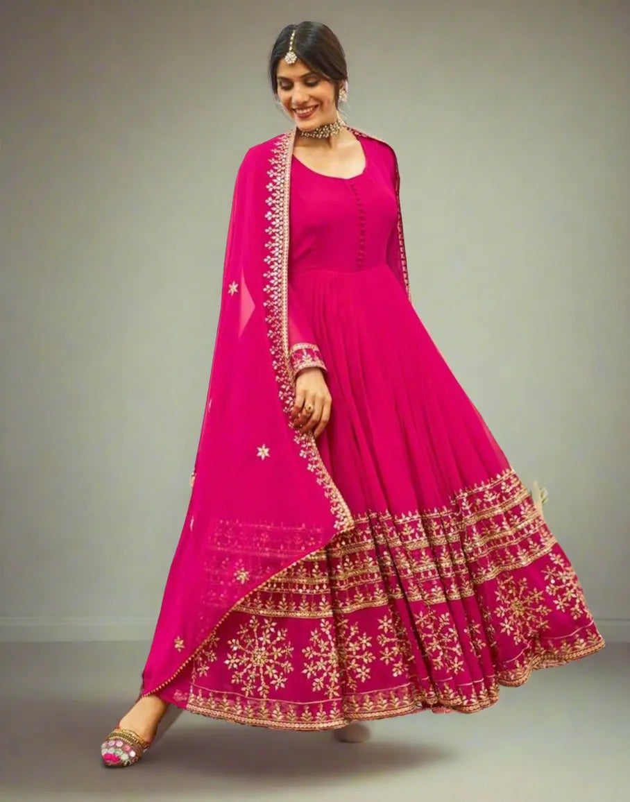 Pink Georgette readymade embroidered Flared gown Discount Inexpensive