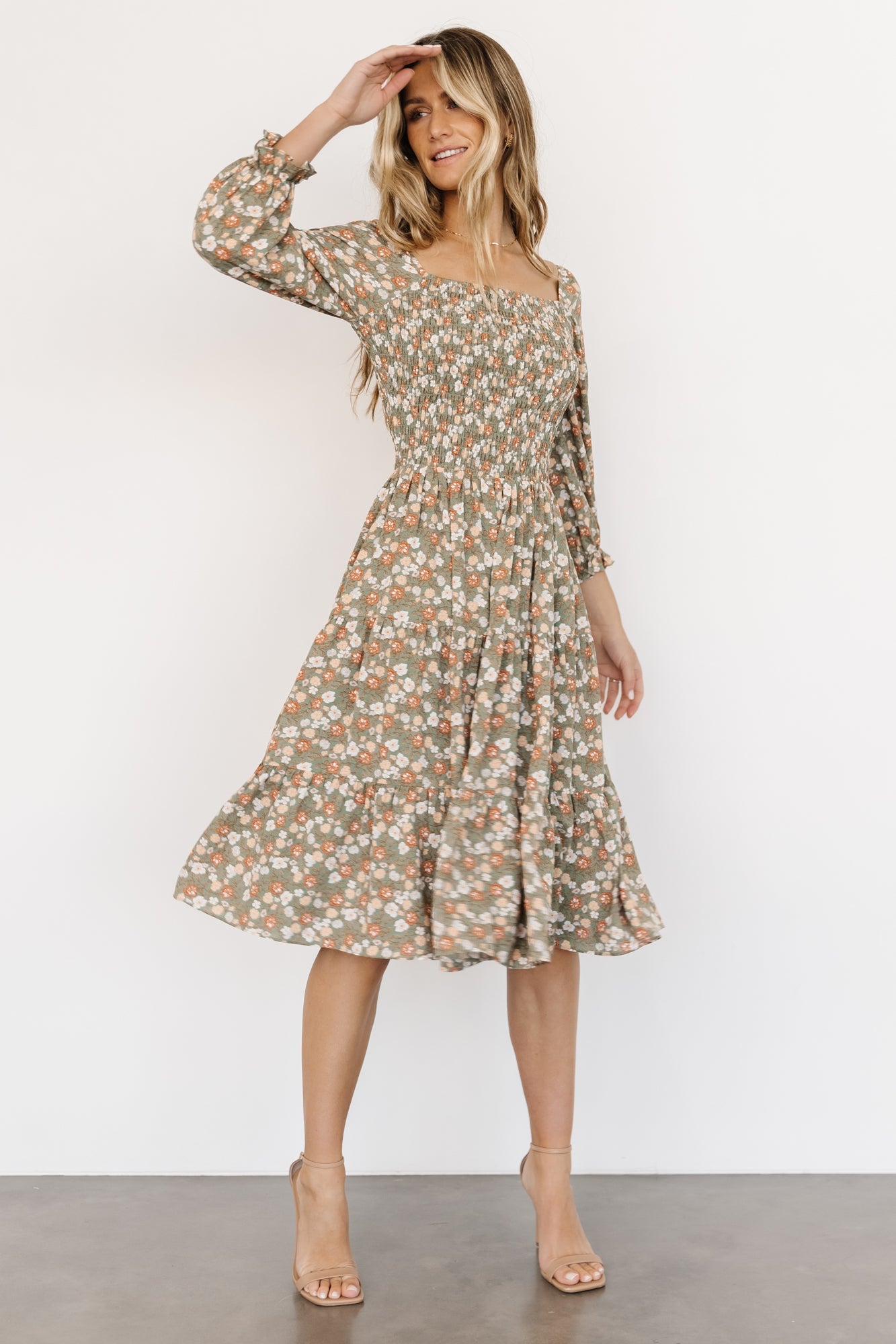 Marta Smocked Midi Dress | Dusty Olive Floral Latest Sale Online