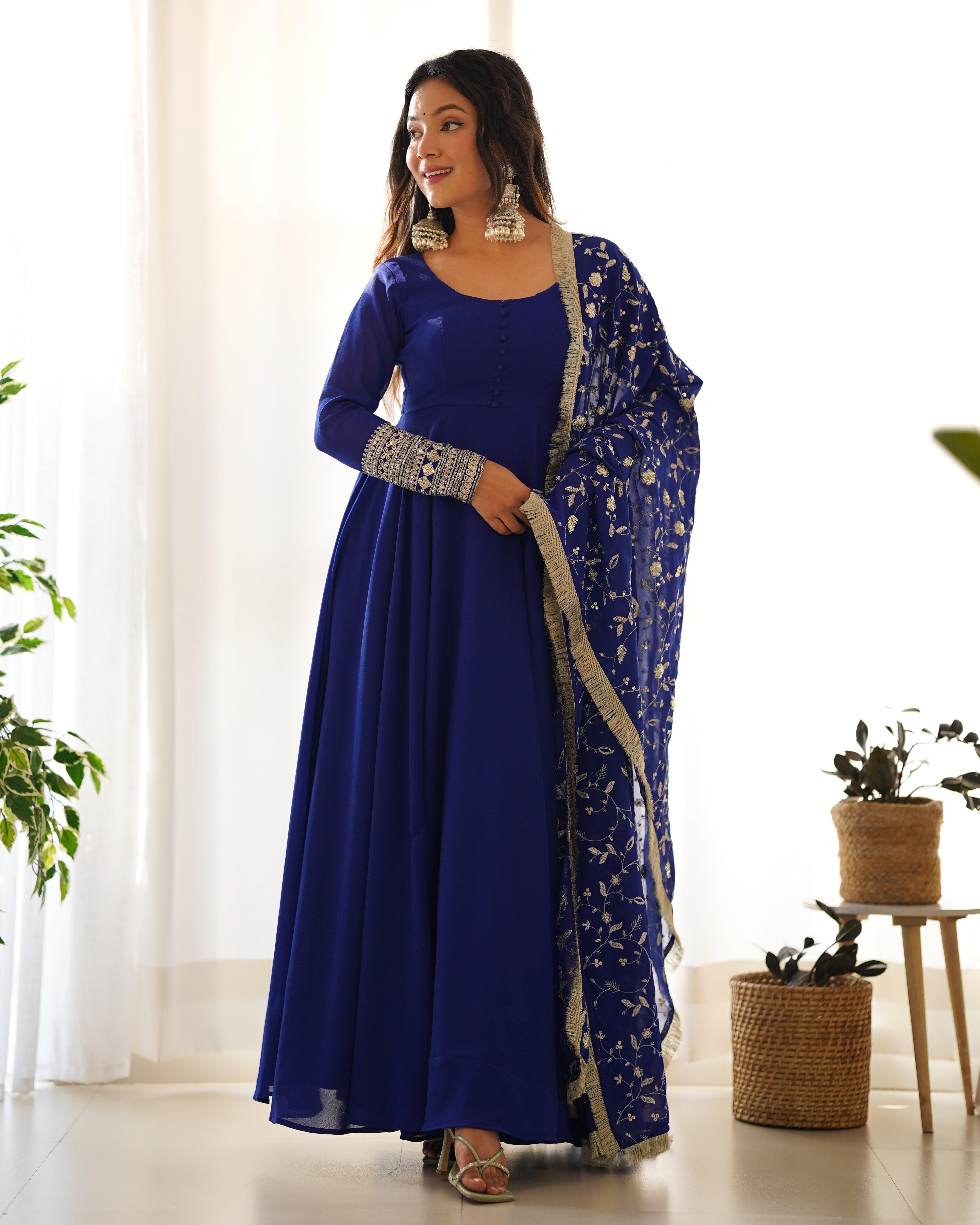 Blue Faux Georgette Anarkali Pant Suit With Sequins Embroidered Dupatta Cheap Wiki