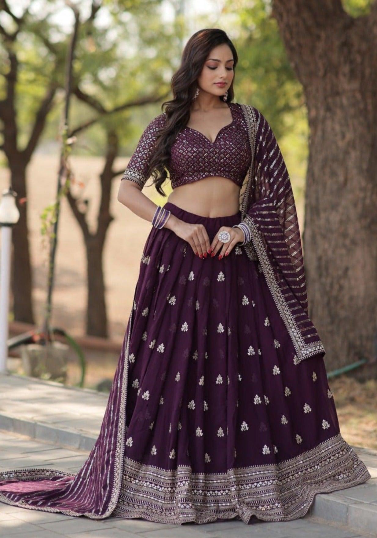 Elegant Plum Embroidered Lehenga Choli with Dupatta Low Pice Fee Shipping For Sale