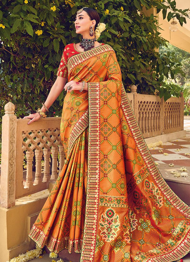 Double Blouse Orange Patola Silk Saree Cost For Sale