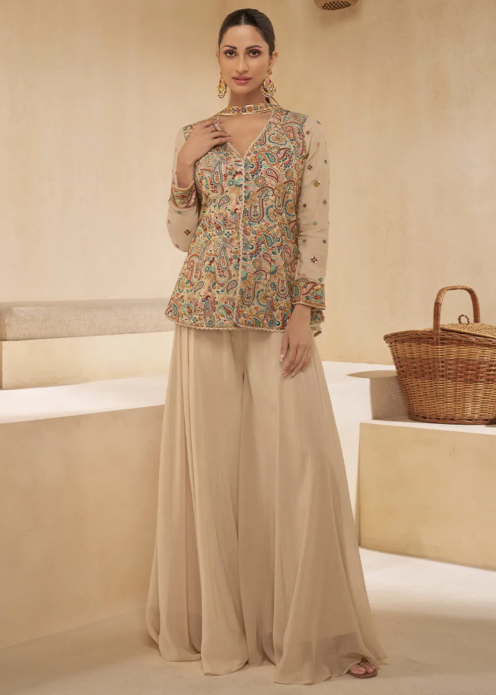 Light Brown Pure Georgette Floral Embroidered Designer Top Palazzo Suit Cheap Sale Outlet