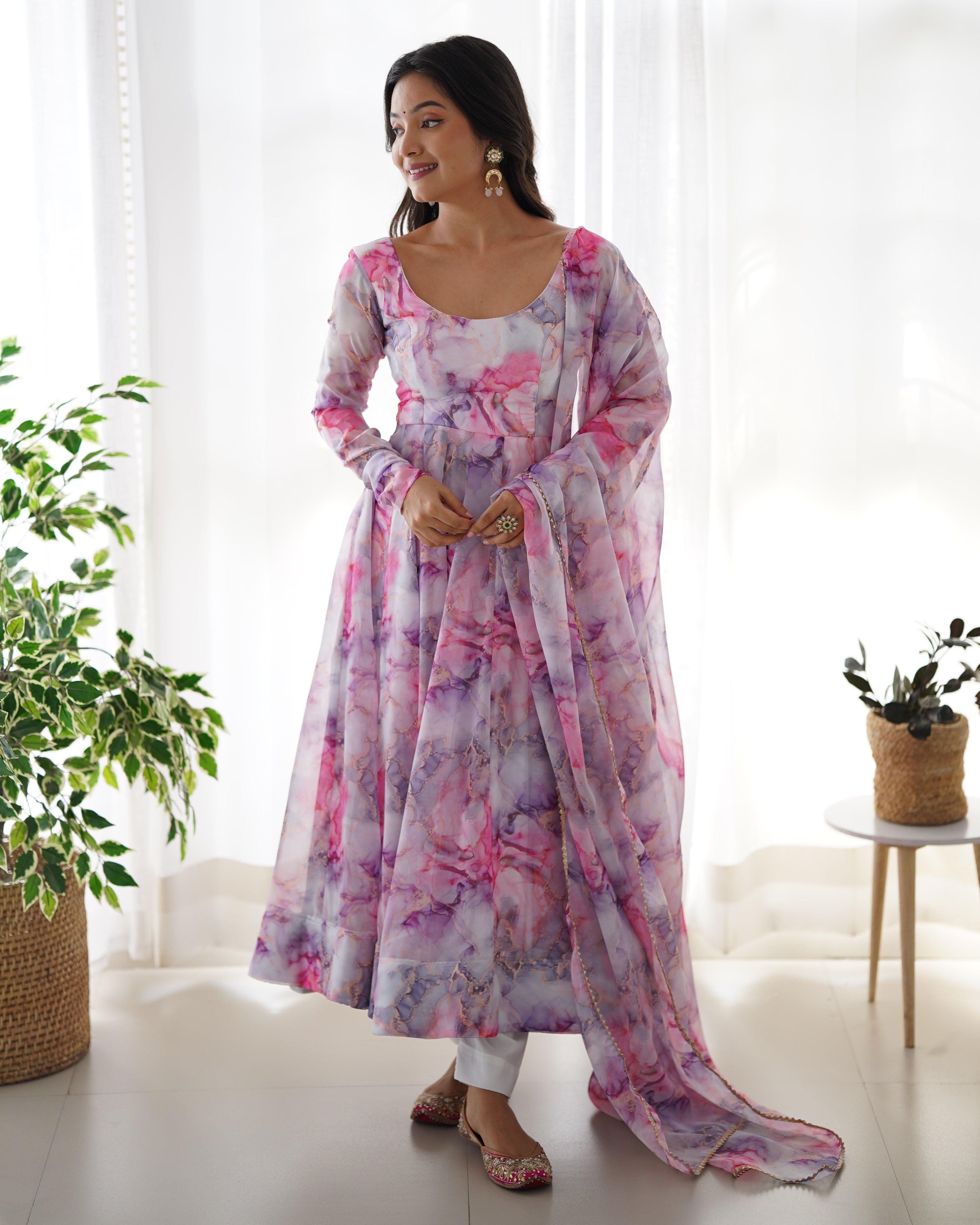 Pink Color Organza Floral Printed Anarkali Suit With Dupatta Outlet Store For Sale