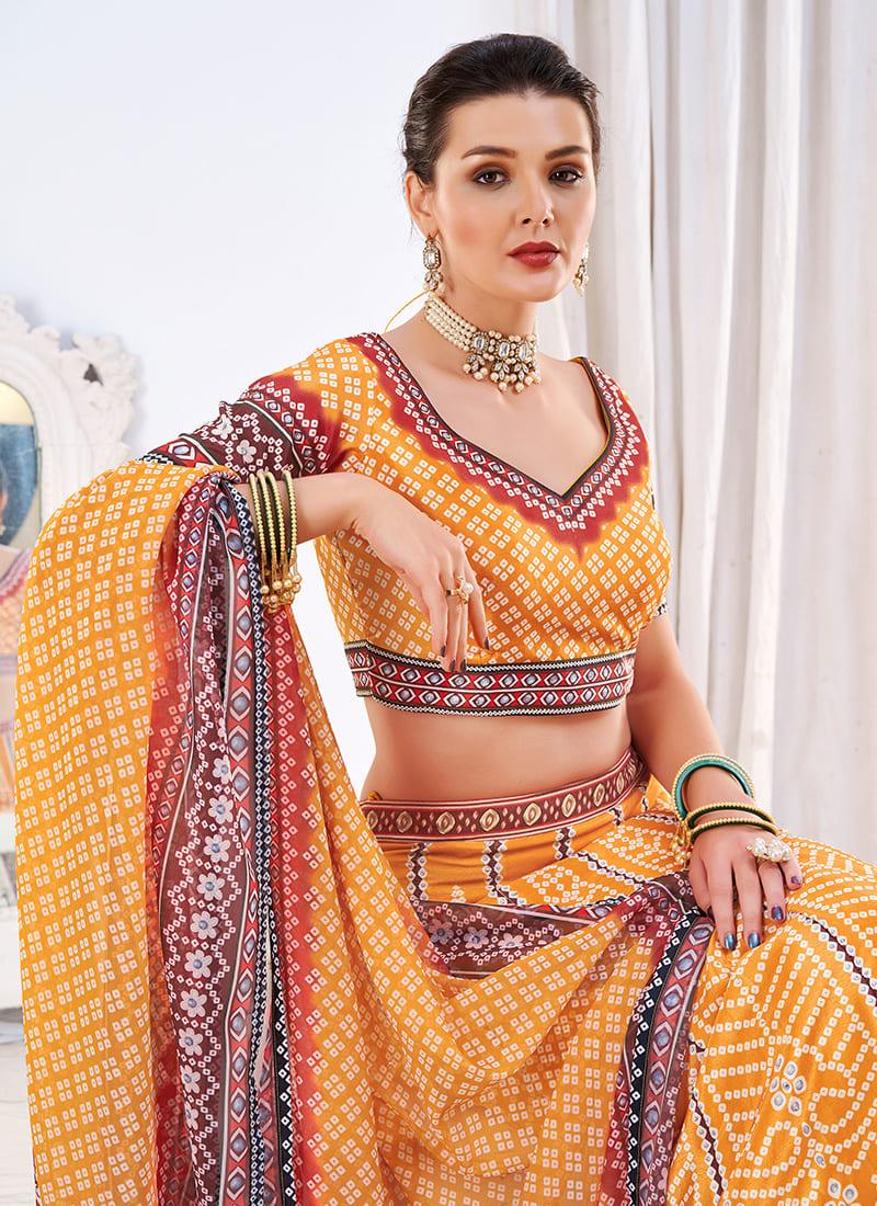 Digital Printed Deep Neckline Orange Lehenga Choli Latest