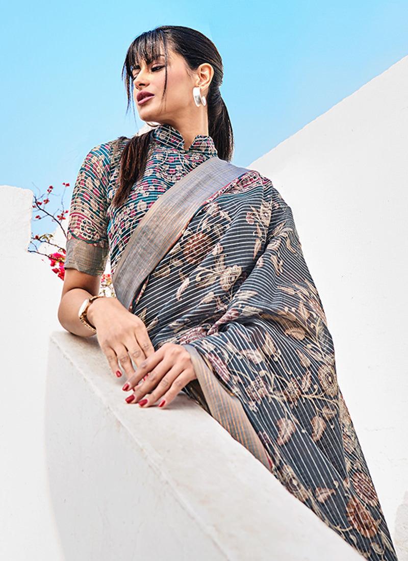 Linen Fabric Grey Printed Floral Saree Cheap Sale Eastbay