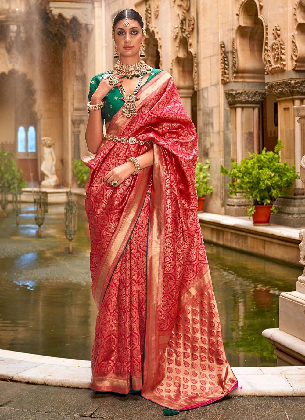 Red Banarasi Silk Jacquard Weaving Worked Designer Saree Sale Cheapest Pice