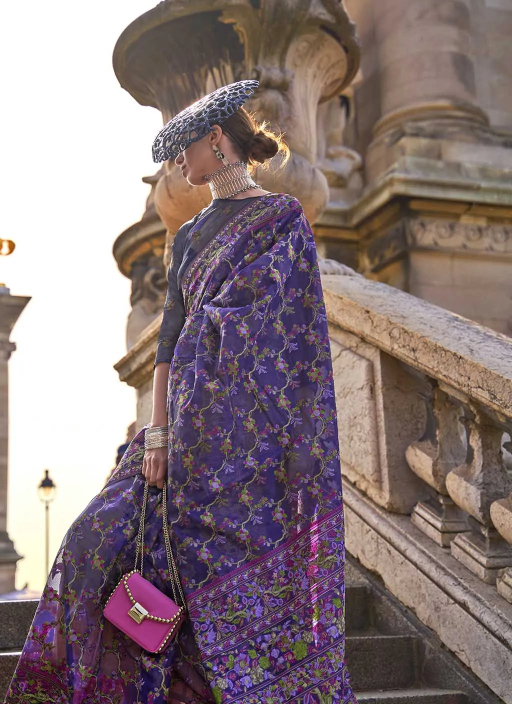 Pristine Purple Handloom Organza Parsi Weaving saree Get Authentic