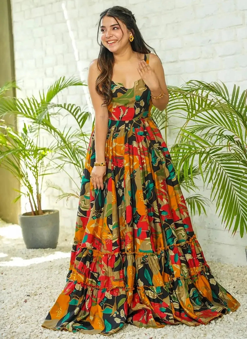 Vibrant Rayon Gown with Full Flare and Multicolor Digital Print Clearance For Cheap