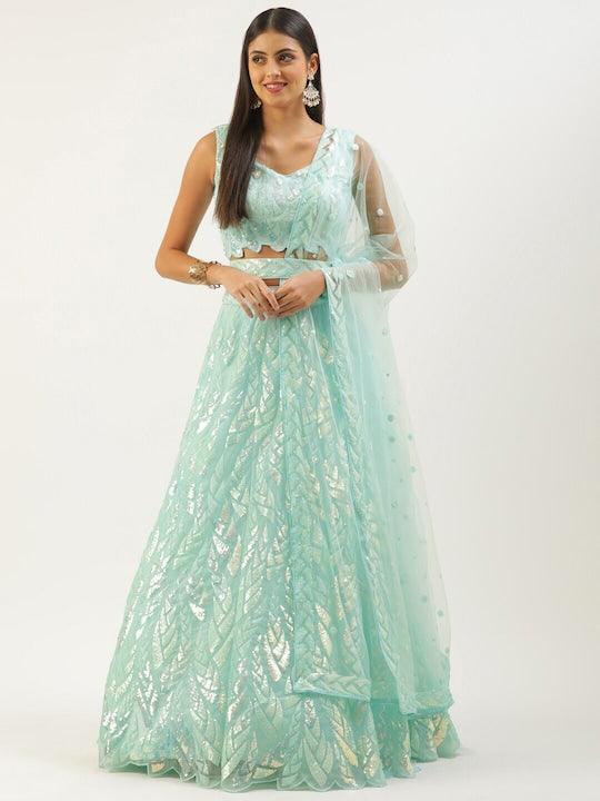 Light Blue color net Sequined flared lehenga choli with belt Cheap Sale Footaction