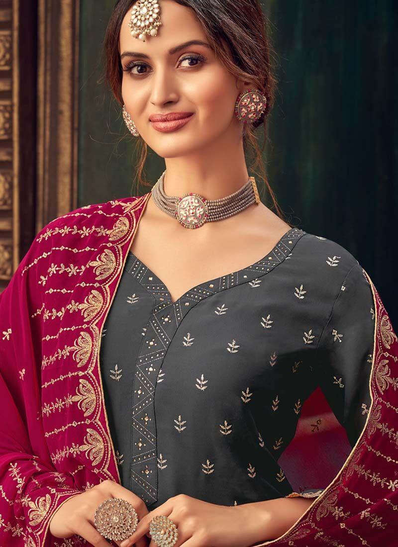 Exquisite Grey Color Georgette Fabric Stone Work Sharara Salwar Suit Cheap Sale Buy