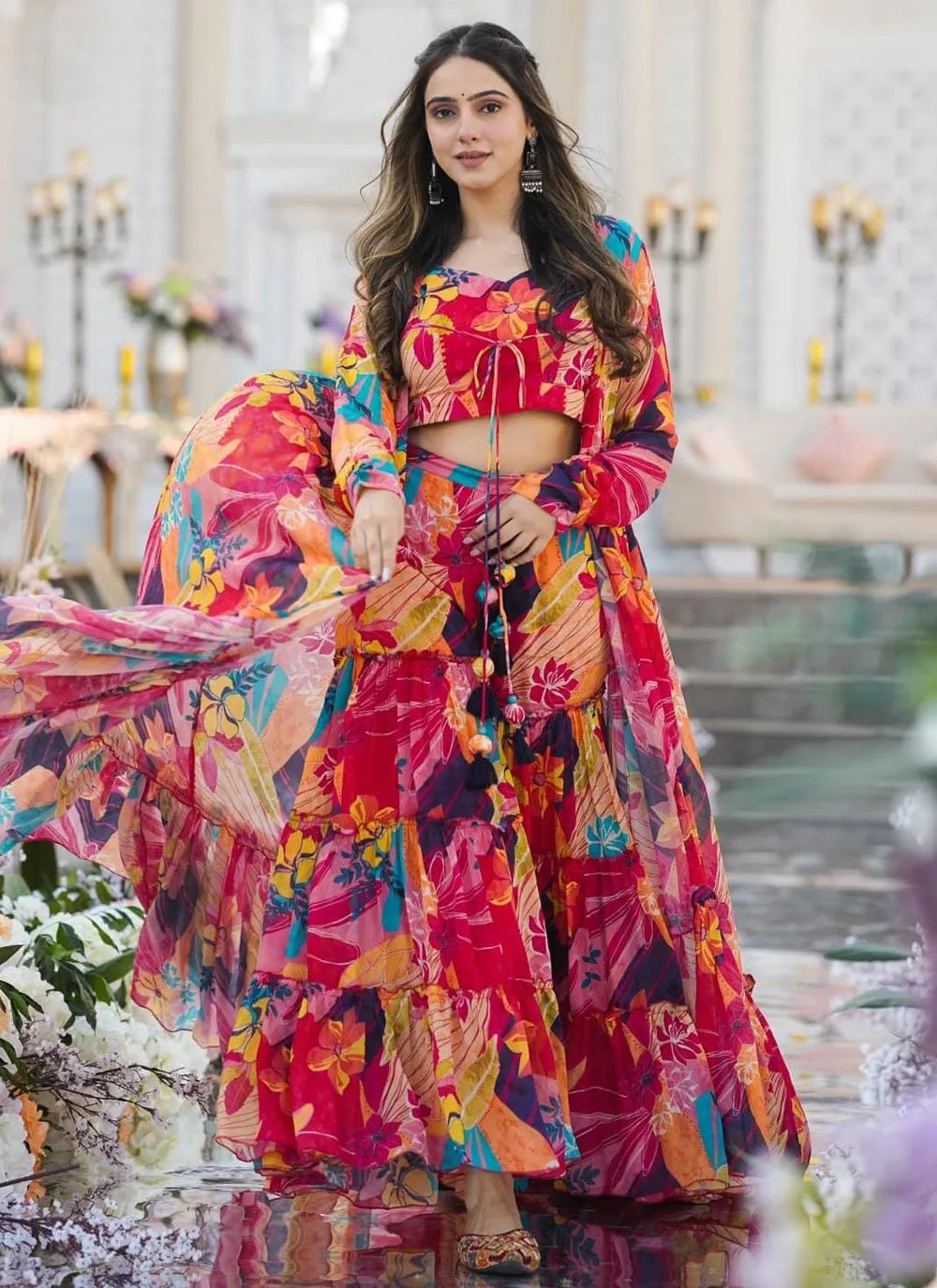 Multicolored Heavy Chinon Floral Printed Jacket Style Sharara Set Cheap Extremely