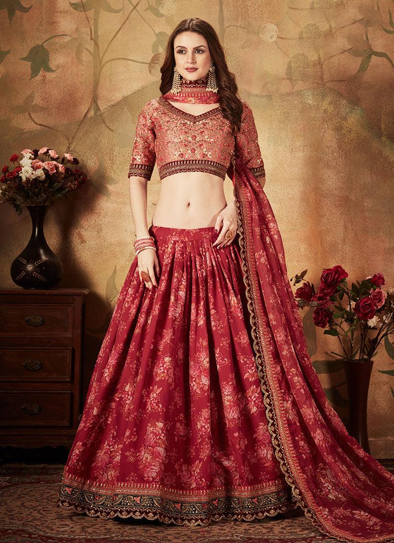 Red Colored Organza Material Floral Print Lehenga Choli Enjoy Online