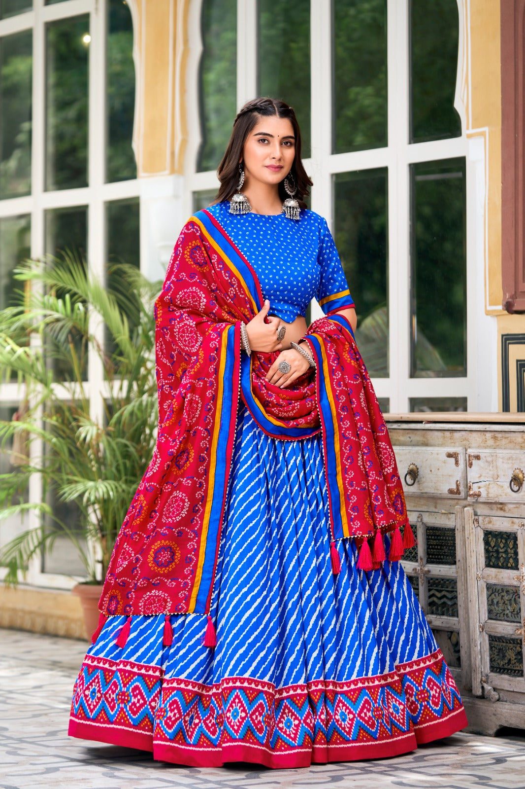 Navratri Wear Tussar Silk Leheriya Printed Lehenga Choli Set Sale Visit