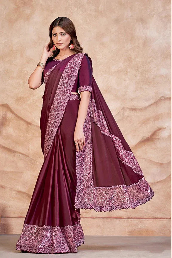 Elegant Wine Satin Crepe Silk Embroidered Ready To Wear Saree Get To Buy Cheap Pice