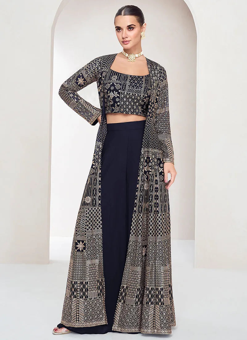 Designer Navy Blue Embroidered Jacket Style Palazzo Suit Best Wholesale