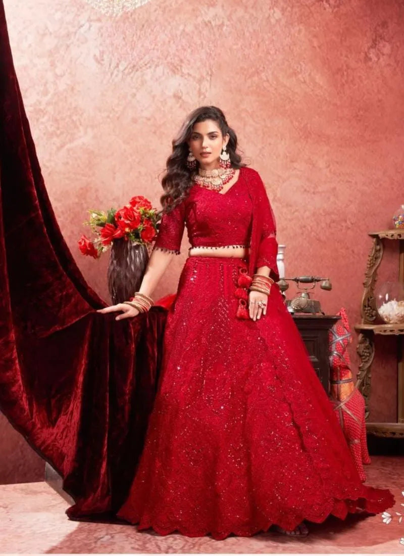 Designer Red Premium Net Bridal Lehenga Choli 2025 Sale Online