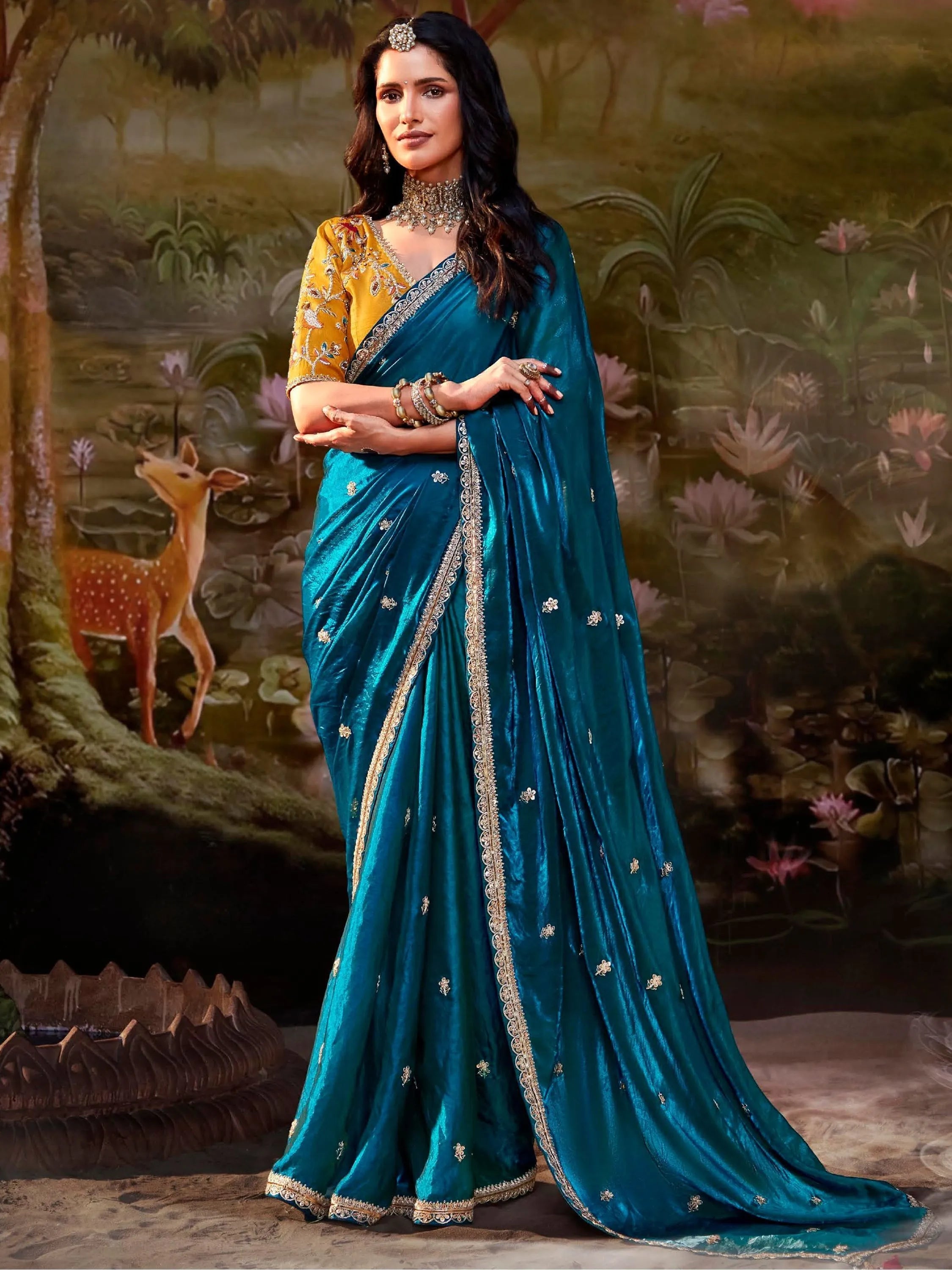 Teal Blue Colored Organza Sequins Emroidered Designer Saree Pre Order For Sale