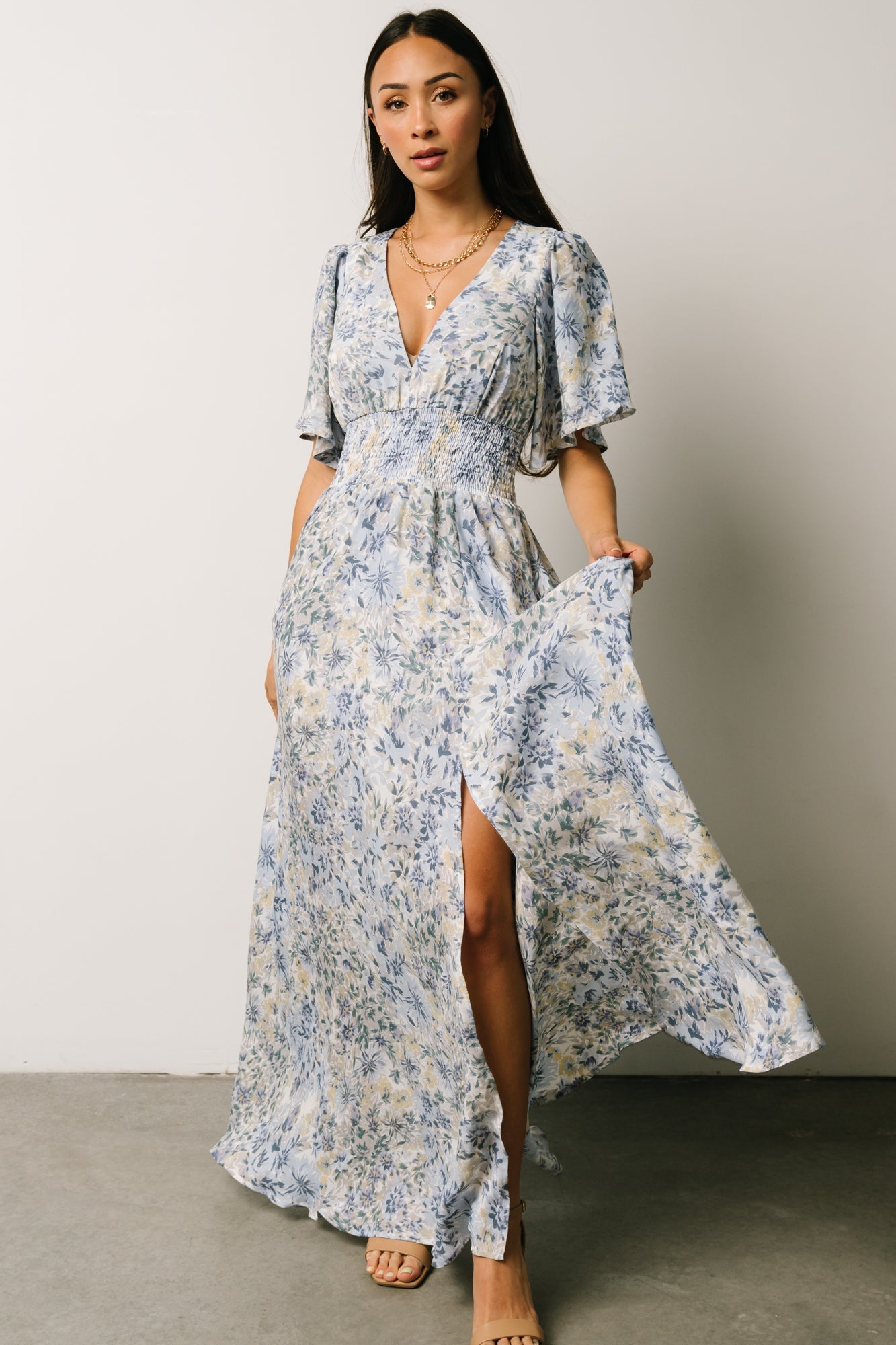 Verona Smocked Maxi Dress | White + Blue Print Latest Cheap Online