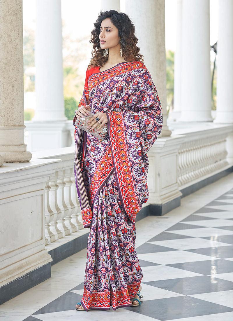 Patola Print Silk Fabric Purple Saree Countdown Package Online