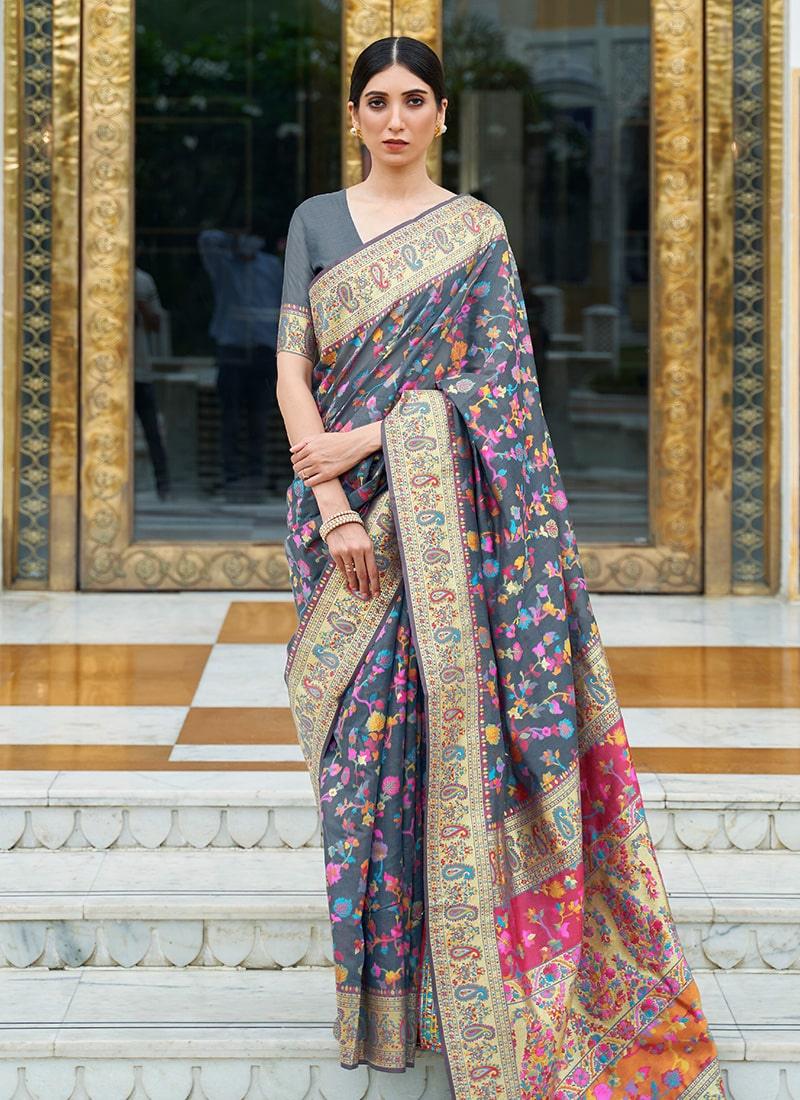 Dashing Look Grey Color Silk Material Silk Weaving Saree Geniue Stockist Cheap Online