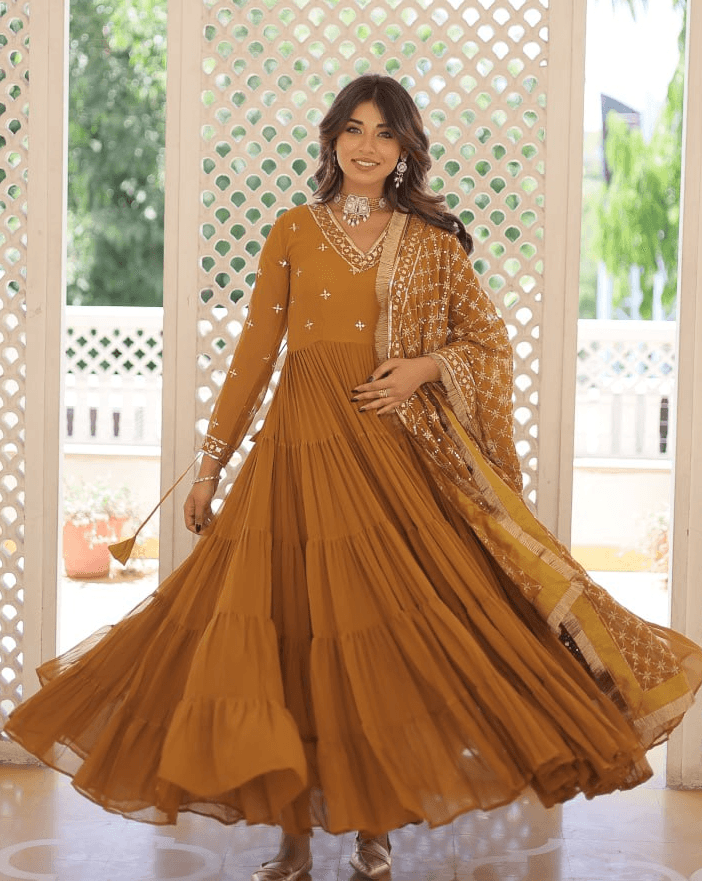 Brown Georgette readymade ruffled gown with dupatta Buy Cheap Manchester