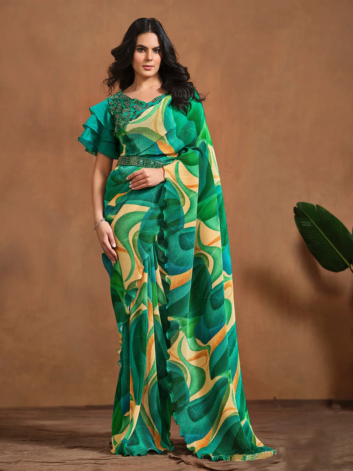 Radiant Green Satin Silk Digital Printed Ready To Wear Saree Pay With Visa Cheap Pice