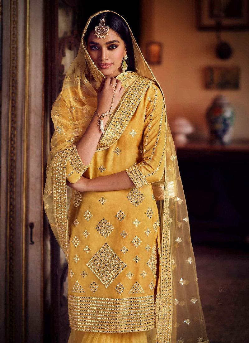 Summery Yellow Organza Heavy Work Sharara Suit Discounts