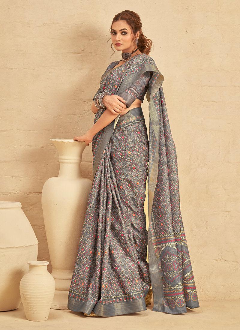 Silk With Digital Print Grey Saree Cheap Lowest Pice