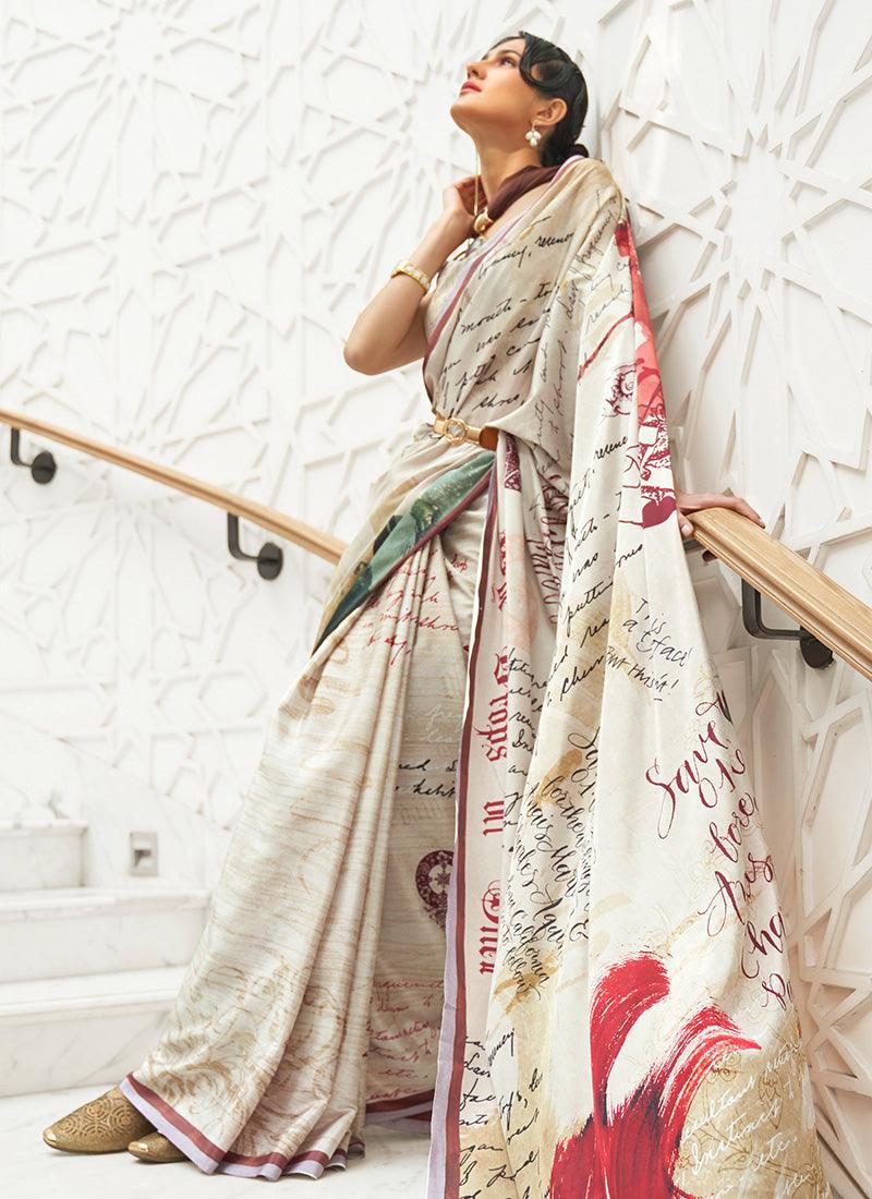 Off-White Color Silk Base Ethnic Wear Printed Saree Store Sale Online