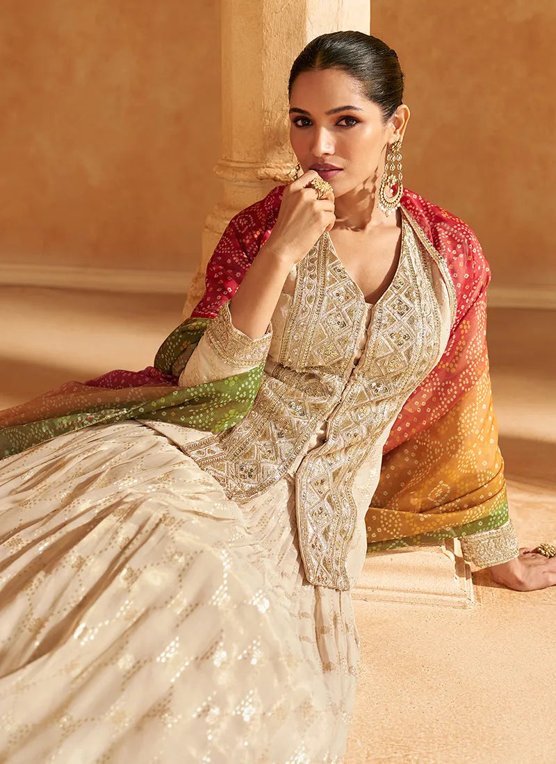 Breathtaking Beige Embroidered Designer Lehenga Kurta Sale Deals