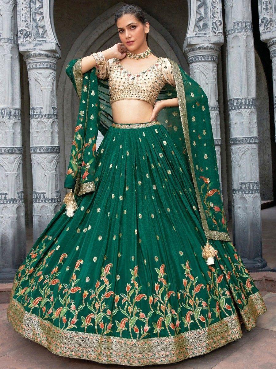 Stunning Green Zari Weaving Silk Designer Lehenga Choli Set Fashionable Sale Online