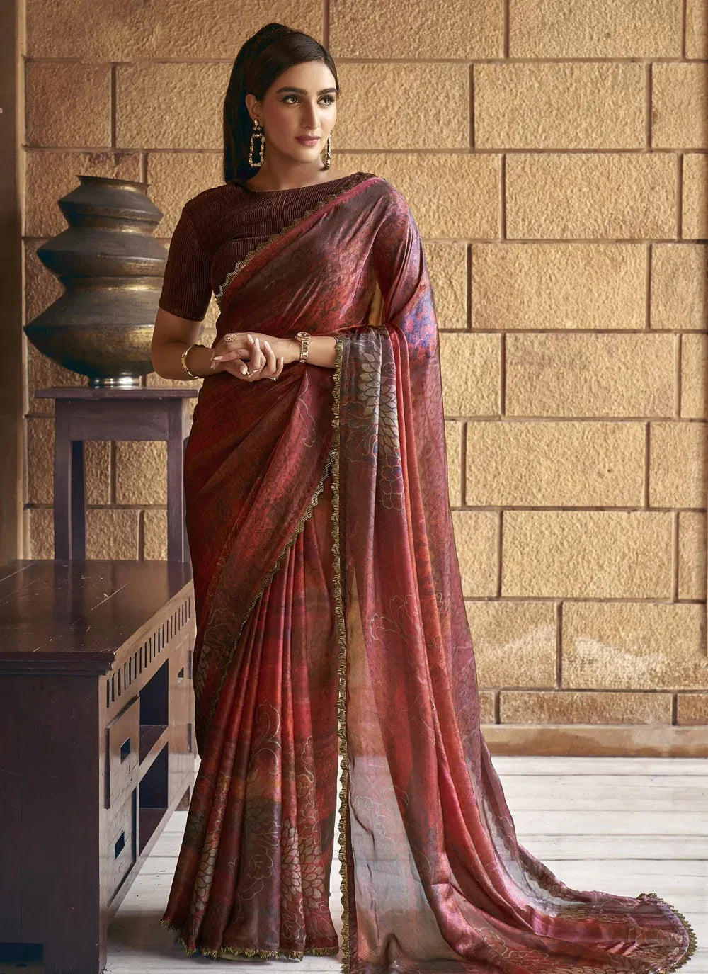 Dark Brown Satin Silk Handworked Printed Designer Saree Amazon Cheap Online