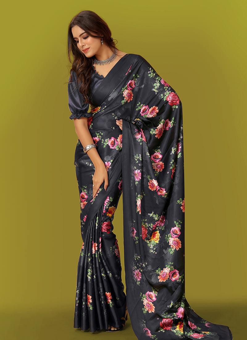 Black Color Puff Sleeves Satin Saree Discount Looking For