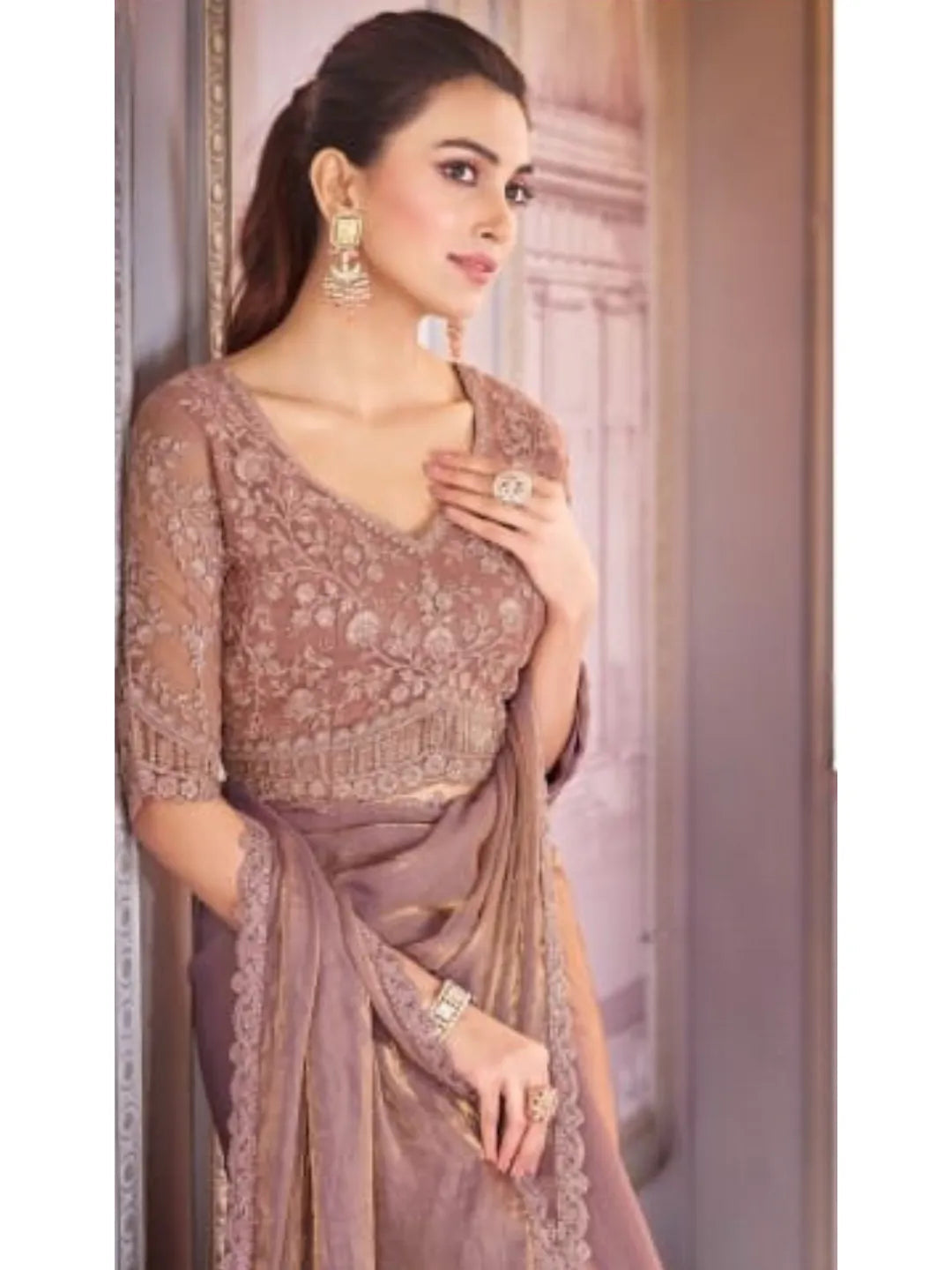 Refined Rosy Brown Satin Organza Embroidered Saree Buy Cheap Best Wholesale