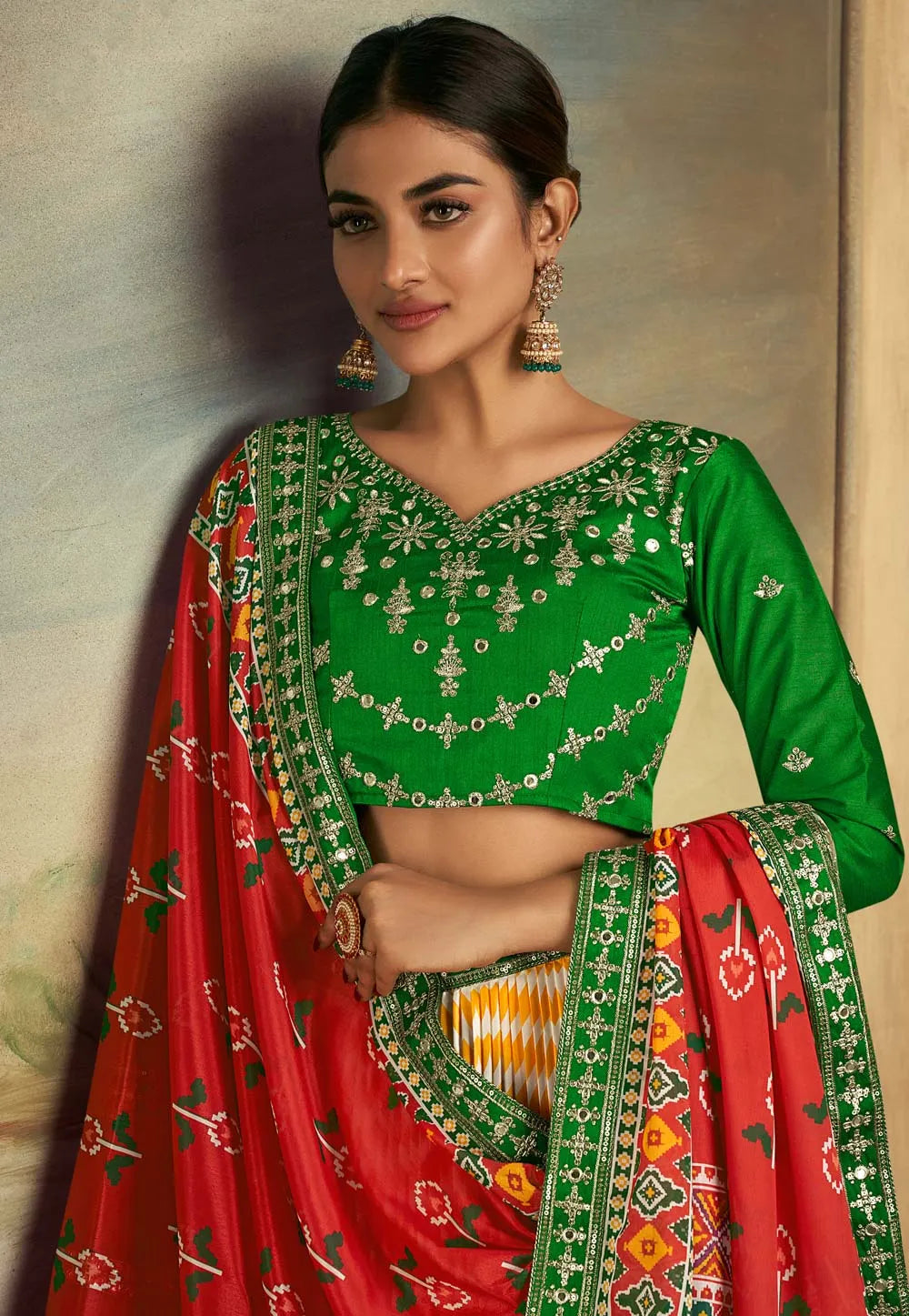 Blazing Gaji Silk Yellow-Green Patola Printed Lehenga Choli Shipping Discount Sale