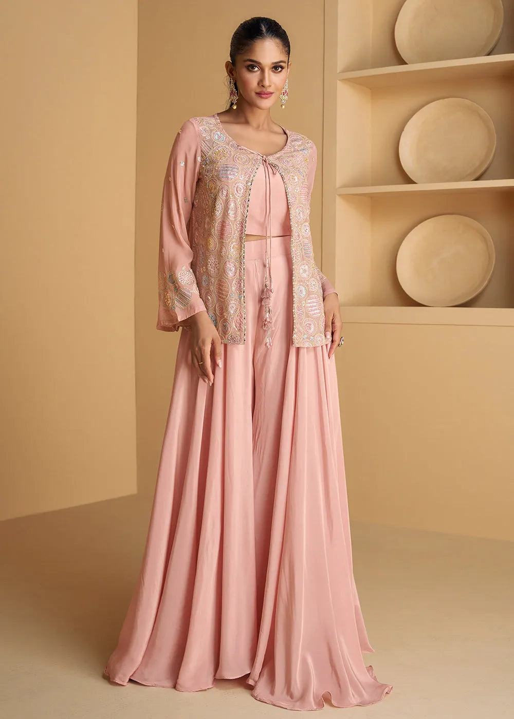 Sweet Pink Georgette Top Palazzo Suit With Embroidered Jacket Cheap Sale Exclusive