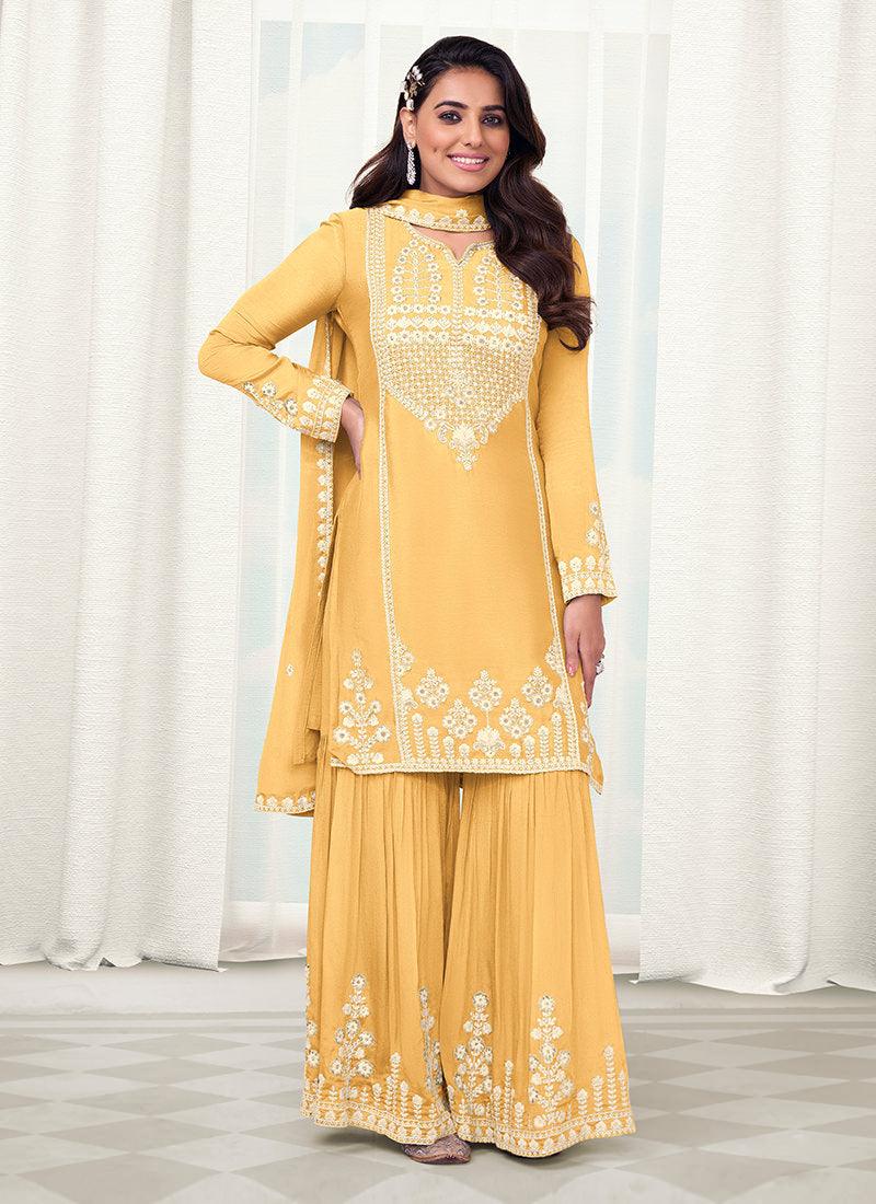 Embroidered Chinon Yellow Sharara Suit Sale Low Pice