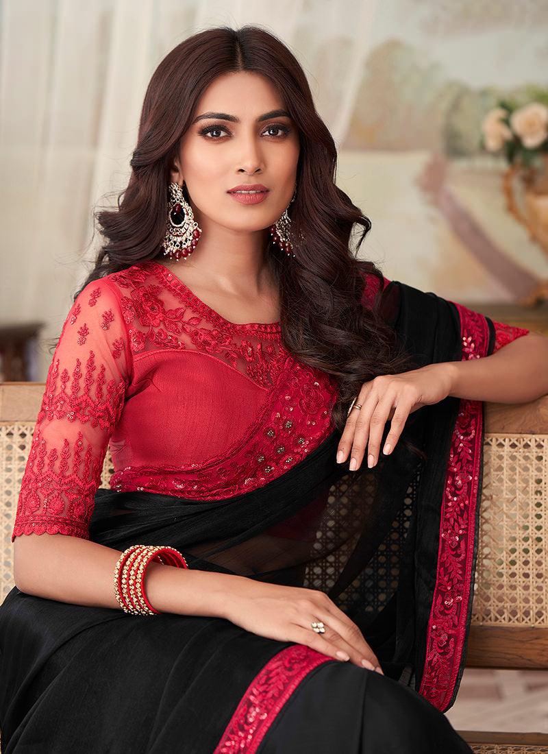 Red And Black Silk Fabric Embroidered Saree Free Shipping Pick A Best