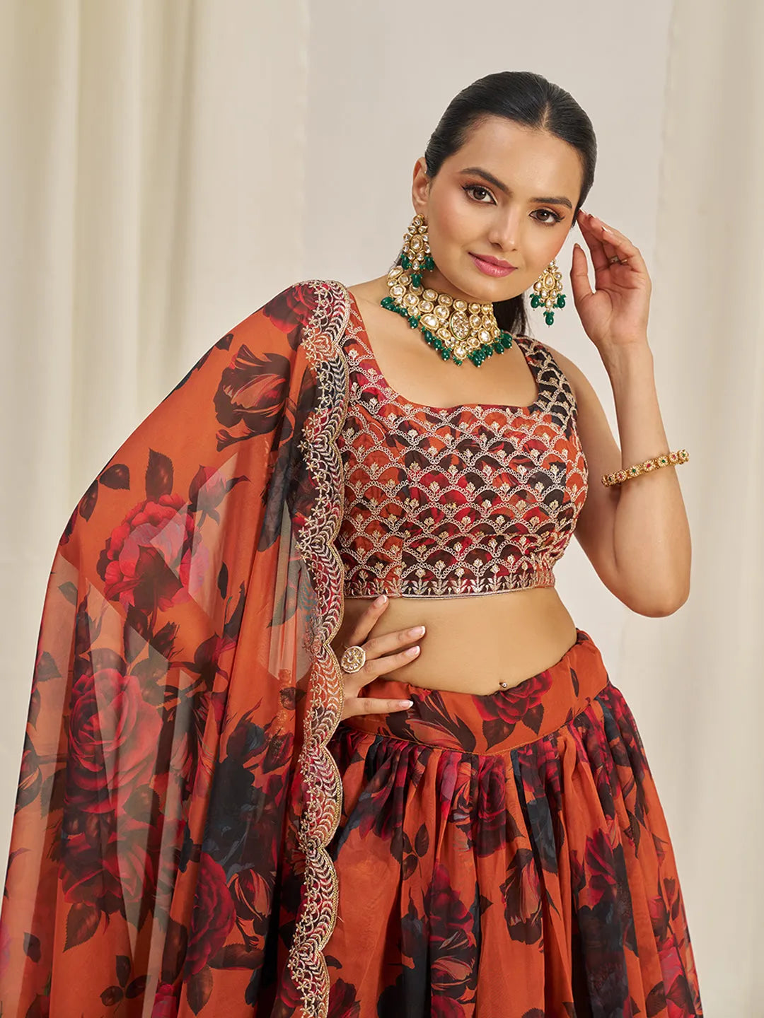 Orange Organza Zari Dori Sequins Floral Lehenga Choli Set Discount 2025 Unisex