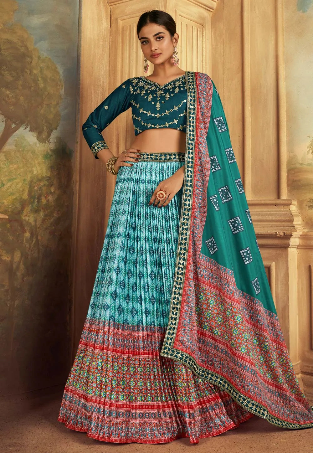 Flawless Gaji Silk Sky Blue-Teal Patola Printed Lehenga Choli Outlet Cheap Pices