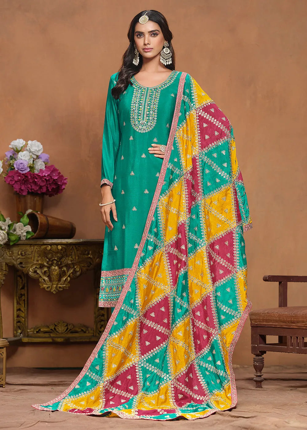 Glowing and Dazzling Chinon Silk Turquoise Salwar Suit Official Cheap Online