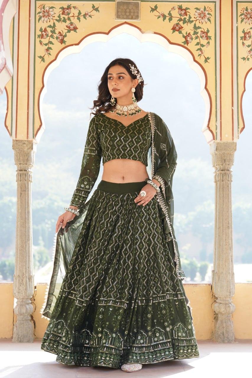 Alluring Faux Georgette Heavy Sequins Thread Embroidered Lehegna Choli Set Best For Sale