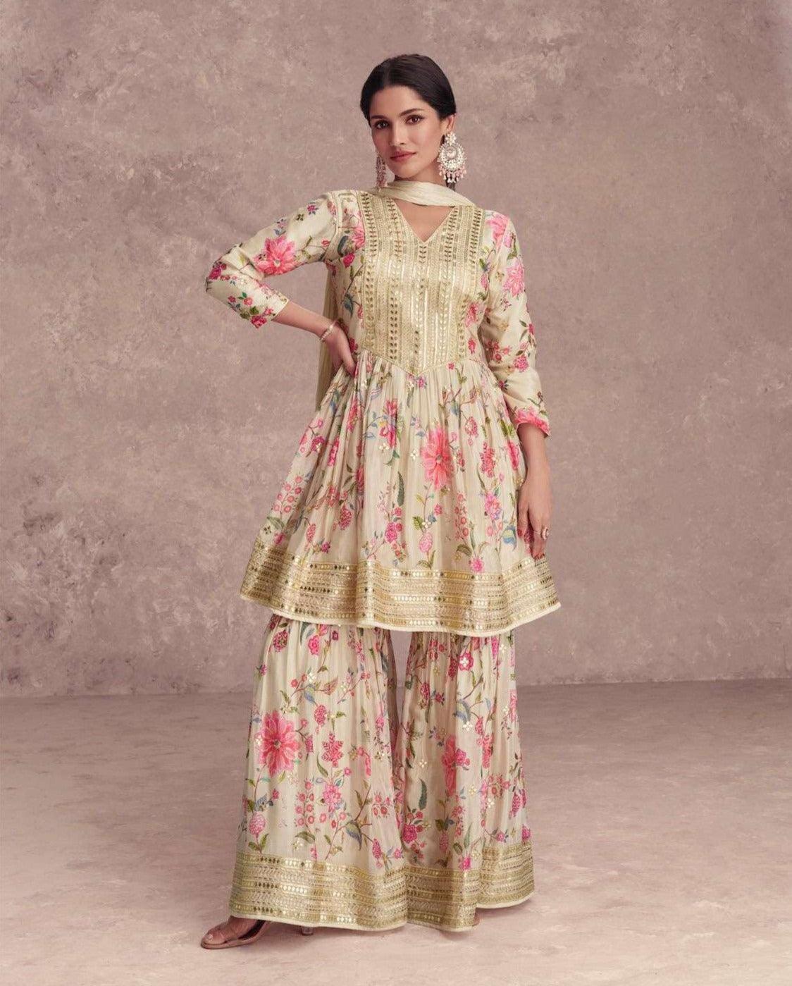 Elegant Cream Sequins Embroidered Floral Digital Printed Top Sharara Suit Buy Cheap Cheapest