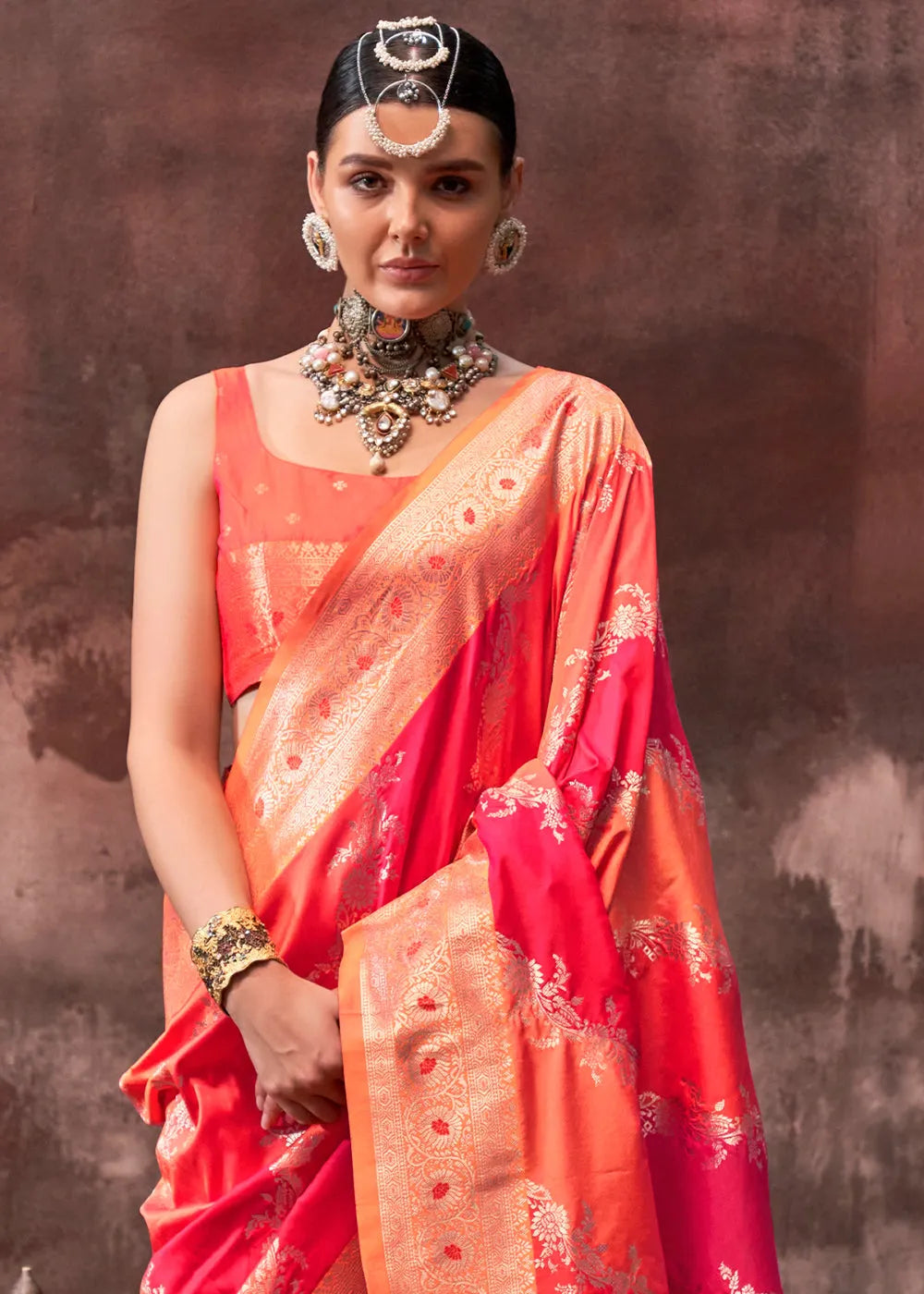 Radiant Orange-Pink Rangkaat Handloom Silk Saree Free Shipping Fashionable