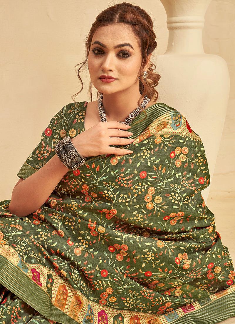 Silk With Digital Print Green Saree Classic Cheap Pice