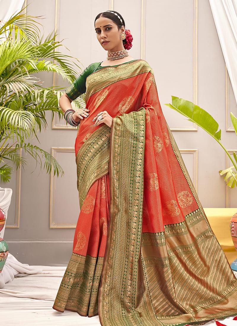 Orange Color Banarasi Silk Saree With Silk Weave And Contrast Blouse Finishline For Sale