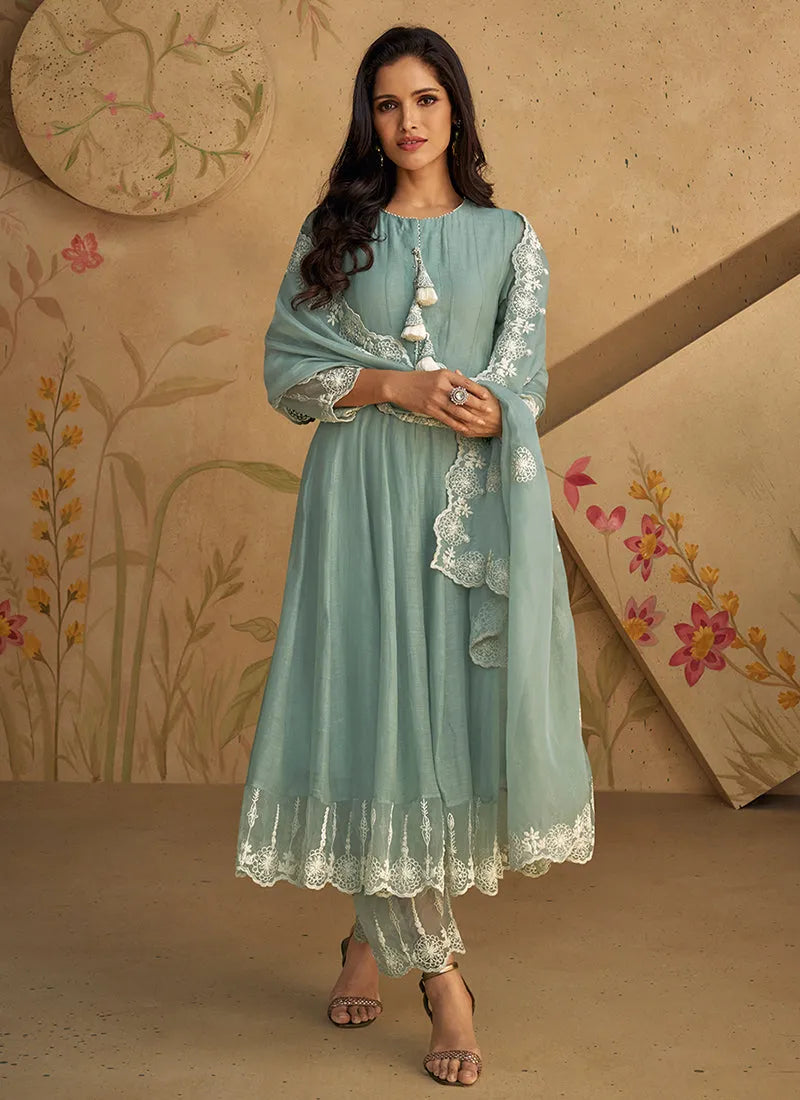 Pastel Blue Pure Silk Embroidered Designer Anarkali Pant Suit Discounts Sale Online